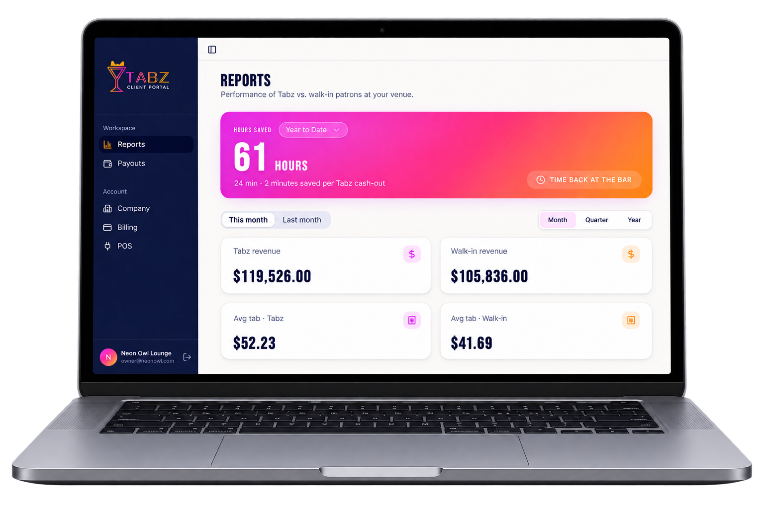 Tabz bar owner dashboard showing tab and revenue reports on a laptop