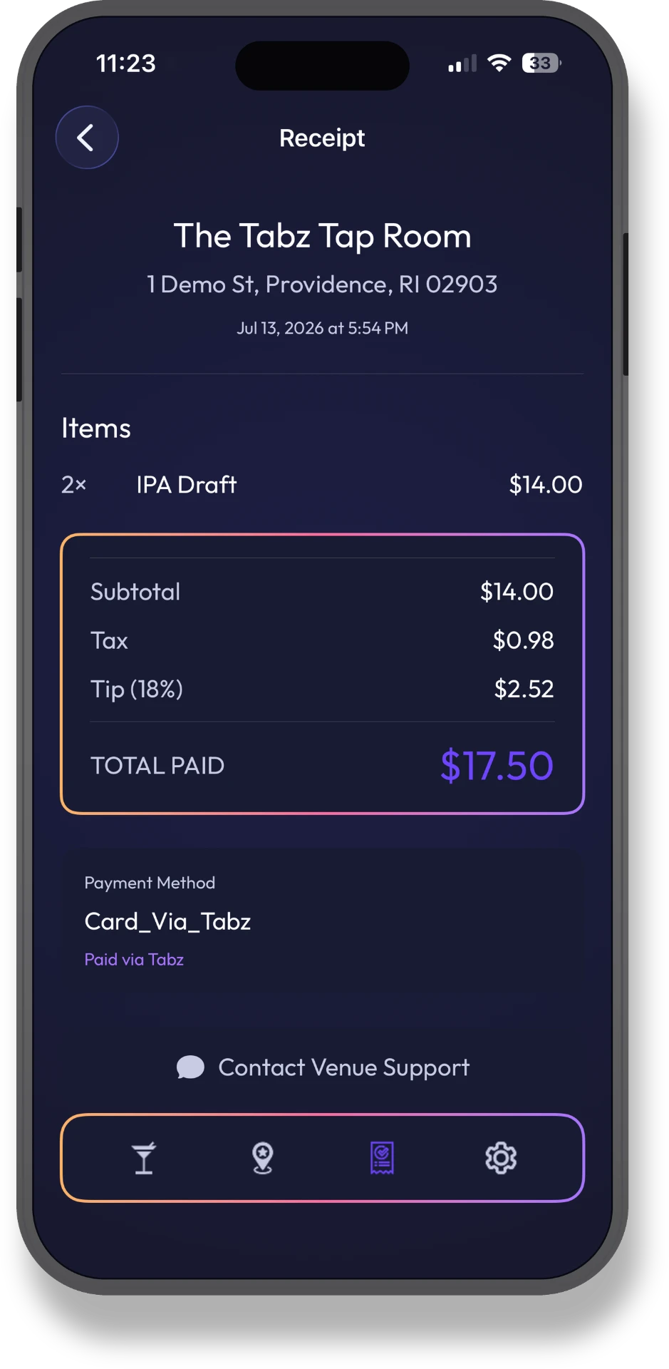 Itemised bar tab receipt with tip confirmation in the Tabz app